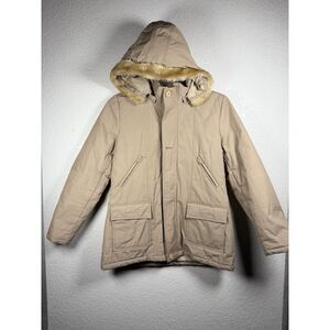 Lure Men Beige Utility Parka Jacket Faux Fur Hood Heavy Winter Coat Flawed Sz L